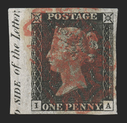 1 var., 1840 1p Black, without Ray Flaws, plate 2, lettered I-A, being a left sheet-margin single with partial imprint, other three margins large, deep color and impression,
bright red Maltese Cross cancel, extremely fine imprint copies on