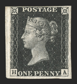 1a, 1840 1p Intense black, plate 6, lettered H-A, an attractive mint example, three large margins, close but clears at top, strong color and an excellent clarity of
impression, full original gum, mild h.r., very fine mint Penny Blacks, particul