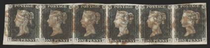 1b, 1840 1p Gray black (worn plate), a very rare used bottom left margin horizontal strip of six from plate 3, lettered T-A to T-F, with T-E being a constant variety, mostly
large margins around, a little close in a couple places at top, attract