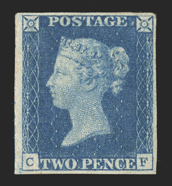 2, 1840 2p Blue, plate 2, lettered C-F, an exceedingly rare mint single, full to large margins all around, bright fresh color and a well defined impression, full original gum,
lightly hinged, mild crease at bottom left, otherwise very fine 2009
