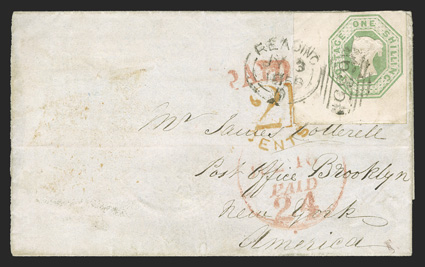 5, 1847 1- Pale green, bottom left corner margin single, with huge sheet margins and large margins on the other two sides, tied by Reading duplex postmark on 1855 folded
letter (one side flap missing) to New York, red transit and charge handsta