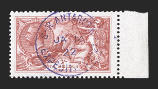 1921-22 Shackleton-Rowett Expedition, elusive group of five Great Britain George V issues, each bearing a portion of a violet S.R. AntarcticJa 1422Expedition 1921. c.d.s.,
which are believed to be trial impressions of this special cancellati