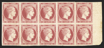 6, 1861 80l Rose on pink, a most impressive right sheet-margin block of ten, other margins large, brilliantly rich color, full original gum, with only a few light hinge marks,
very fine an important showpiece from the first issue of Greece, b