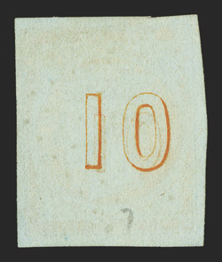 7 var., 1861 10l Red orange on bluish, large figures on back, with additional small figures also on back, the small figures are lightly printed but full and quite clear, four
large margins, very fine an unlisted error that we could find no othe