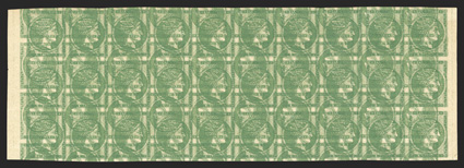 53 var., 1880 5l Green, double impression, one inverted, an eye-catching mint block of thirty, comprising three full rows with selvages, large margins around, fresh color,
o.g., most stamps never hinged, natural printing crease affects five stam