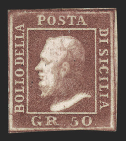 1018, 1859 ½g-10g Ferdinand II, set of all seven values, margins range from full to touching the frame lines in places, all with strong colors, full original gum, fine-very
fine several are signed Diena and also accompanied by a 1989 Bolaffi c