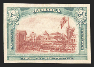 1919-21 6p Abolition of Slavery, plate proof on stamp paper, large balanced margins all around, fresh colors, some light creasing as usual, otherwise very fine and a rarely
seen proof.