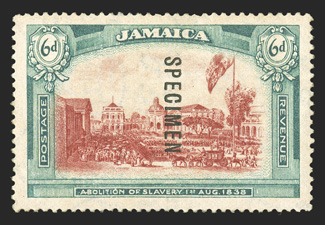 1919-21 6p Abolition of Slavery unissued stamp, watermark script CA, with Specimen reading down, rich colors, nicely centered, o.g., very fine (S.G. £700).