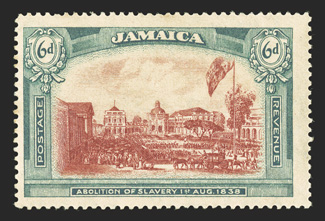 1919-21 6p Abolition of Slavery unissued stamp, watermark script CA, strong rich colors, centered slightly to the left as are all known copies, full original gum that is
relatively lightly hinged, very fine.This stamp was printed as part of the