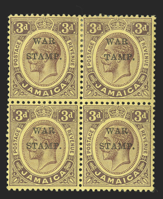 MR6a, 1916 3p Violet on yellow war tax, S of Stamp omitted, block of four, with the top right stamp being the error, strong bright color, o.g., h.r.s, light pencil notes on
gum, fine and scarce (S.G. 72b £650).