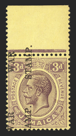 MR9b, 1917 3p Violet, with War Tax vertically reading up, top sheet-margin single with the overprint split, with the complete overprint at top partially in the selvage, bright
colors, o.g., lightly hinged, fine (S.G. 75d £375).