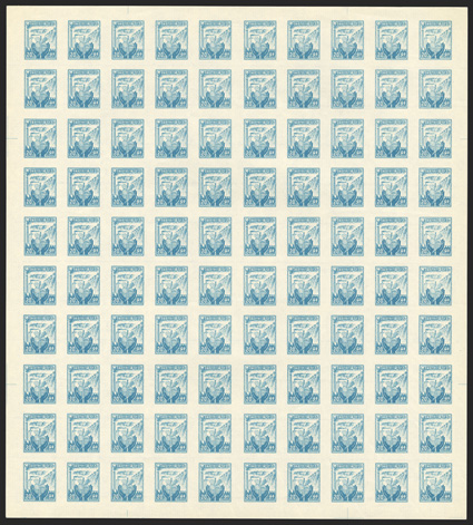 212B var., 1955 20h Blue unwatermarked on laid paper, imperforate, without gum as issued, seldom seen complete sheet of 100, fresh and extremely fine (KPC
133b).