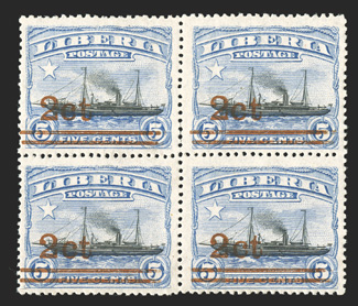 156, 1915-16, 2ct surcharge on 5c Turquoise and black, mint block of four, o.g., n.h., top pair with a light horizontal crease, otherwise fine-very fine and
scarce.