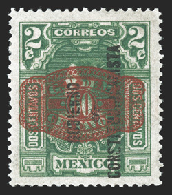 585, 1916 60c on 2c Green, Gobienro Constitutionalista red Barril overprint, well centered, strong color, o.g., lightly hinged, very fine a particularly elusive stamp signed
Shelton and accompanied by a 1978 Mepsi certificate.