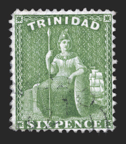 61A, 1880 6p Yellow green, perf. 14x12½, fresh rich color, while centered a bit to the right as are all existing copies, this stamp is quite well centered as its perforations
clear the design all around, unusually light cancel, there is a barely