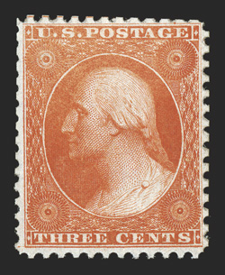 41, 3c Scarlet reprint, without gum as issued, exceptionally well centered within large margins for this difficult value, strikingly vibrant color, extremely fine only 479 sold
1999 PF certificate and a 2009 PSE certificate (VF-XF 85 SMQ $5,5