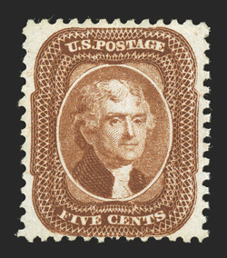 42, 5c Orange brown reprint, without gum as issued, well centered within uncommonly large margins, gorgeous rich color and a sharp detailed impression, recent certificate
mentions a short perf. at bottom, very fine 1998 PF certificate for a pai