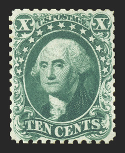 43, 10c Blue green reprint, without gum as issued, deep color and a prooflike impression, nicely centered, very fine only 516 sold 2008 PSE certificate.