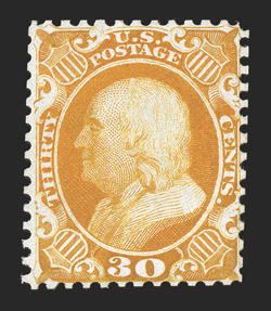 46, 30c Yellow orange reprint, without gum as issued, especially bright and fresh, attractively centered for this, very fine only 480 sold 2004 PF and 2009 PSE
certificates.