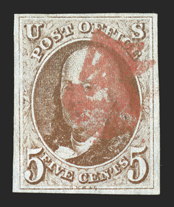 1, 5c Red brown, four large margins, strong color and impression, cancelled by two red integral 5 postmarks, choice very fine 2007 PF certificate.