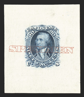 63P1 var.-72P1 var., 1c-90c 1861 Issue, large die proofs on India with double-line Specimen horizontal overprints, measuring approximately 40x50mm, complete for all eight
values, the 3c in rose, 5c in brown and the 24c in slate lilac, five val