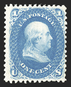 63, 1c Blue, brilliant post office fresh mint single, lovely bright color on immaculate paper, attractively centered, unblemished full o.g., never hinged, nearly very fine an
elusive stamp in this pristine state of preservation photocopy