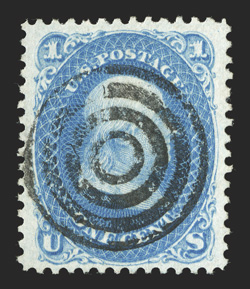 63, 1c Blue, premium used example, exceptionally well centered within uncharacteristically large margins, rich bright color, complete central strike of a target cancel,
extremely fine 2001 and 2006 PF certificates.