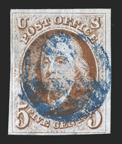 1, 5c Red brown, ample to large margins all around, good color on fresh paper, blue grid cancel, very fine 1991 PF certificate.