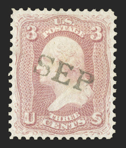 64b, 3c Rose pink, striking used single, cancelled only by a straightline SEP postmark, beautifully centered within generous balanced margins which allow the design to be well
clear all around, unblemished true color on crisp white paper, extr