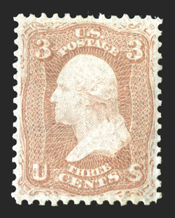 65, 3c Rose, essentially perfect centering within balanced margins, bright and fresh, full clean o.g., l.h., extremely fine 1984 PF certificate.