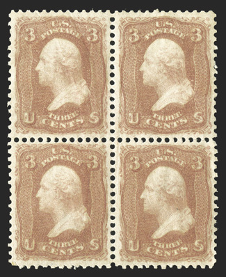 65, 3c Rose, mint block of four, exceptionally well centered, rich color and strong impression, o.g., light gum bends on three stamps, perf. separations at right, very
fine-extremely fine 2010 PSE certificate (VF 80 OGh).