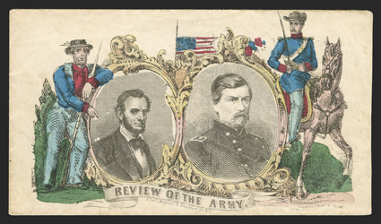 65, 3c Rose, single tied by Washington, D.C. c.d.s. on 1862 Magnus hand-colored Lincoln, McClellan Review of the Army on reverse patriotic cover to Lima, Pa., includes the
original contents which is the matching letterhead in bronze, w