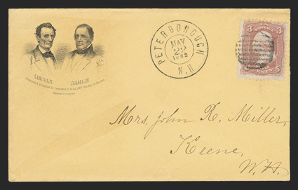 65, 3c Rose, bright single tied by grid cancel with matching Peterborough, N.H. c.d.s. on 1862 orange cover with Lincoln-Hamlin patriotic design, cover reduced slightly at
right, otherwise quite fresh and very fine 2008 PF certificate.