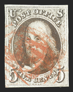 1, 5c Brown, four full margins, strong color, bright red grid cancel, very fine 1979 PF certificate.