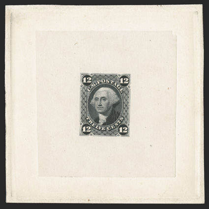 69-E4a, 12c Black, die essay on India, die sunk on 80x80mm card, incredibly intense color and impression, a very fine and choice example of this scarce
essay.