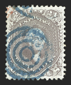 70a, 24c Brown lilac, a marvelously choice used example of this always challenging stamp, being incredibly well centered and margined, plus its color is unusually bright and
fresh, cancelled by a blue target postmark as well as a bit of a re