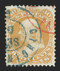 71, 30c Orange, used with blue double circle Cincinnati datestamp and red exchange office postmark, rich color on fresh paper, very fine and attractive.