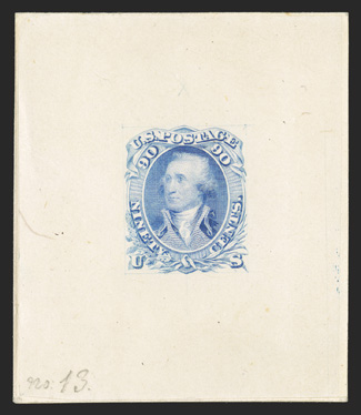 72-E6, 90c Dusky blue incomplete die essay on India, without the thin lines and leaves at bottom, on card measuring 54x63mm, pencil ms. no. 13 at bottom left, color designation
49 mo in on reverse, very fine and scarce 2005 PF certificate