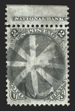 73, 2c Black, a most impressive top margin partial imprint single, well centered and margined, beautifully cancelled by a crisp circle of wedges that perfectly fills out the
central vignette, extremely fine 1988 and 2006 PF certificates.