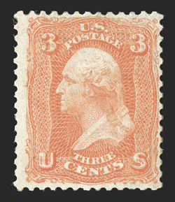 74, 3c Scarlet, fresh color without the surface mottling that affects so many of these rare trial printings, full o.g., relatively lightly hinged, very fine overall 1997 PF
certificate.