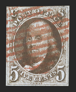 1, 5c Red brown, ample margins to clear at top, intense color and detailed early impression, red square grid cancel, nearly very fine 1997 PSE certificate.