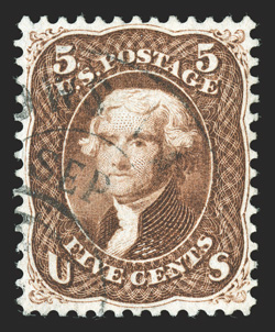 75, 5c Red brown, remarkably well centered, deep intense color and sharp detailed impression, lightly cancelled, recent certificate mentions a corner perf. crease at top left
which is quite trivial, extremely fine clear 2001 PF certificate and