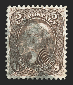 76, 5c Brown, choice used single, precisely centered amid larger margins than normal, which allow the perforations to clear the design all around, rich color and prooflike
impression on fresh paper, full and even perforations, transparent cork c