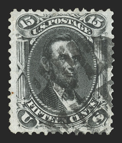 77, 15c Black, select used single, wonderfully well centered amid uncharacteristically wide margins, prooflike color and impression on crisp white paper, open grid cancel,
extremely fine 1990 PF certificate.