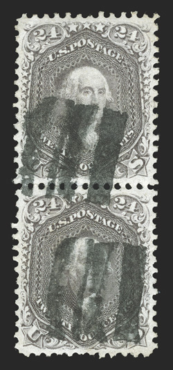 78, 24c Lilac, an impressive used vertical pair, with both stamps boasting near perfect centering within particularly large and well balanced margins, rich color and detailed
impression on fresh paper, cut cork cancel, extremely fine.