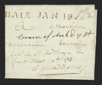 BALE JAN 19 straight-line handstamp, with a period placed under the L in BALE, unusually clear strike on 1794 folded letter to Philadelphia, ms. 12½ rate marking at top right,
fresh and very fine the only recorded example of the period