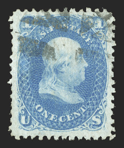 86, 1c Blue, E grill, an impressive used example, featuring uncharacteristically wide margins all around and being precisely centered amid these generous borders, rich color
and crisp impression, light circle of wedges cancel, extremely fine