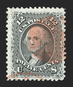 90, 12c Black, E grill, used with red cork and portion of red exchange office c.d.s., large margins, rich color and sharp impression, nearly very fine 1985 PF
certificate.