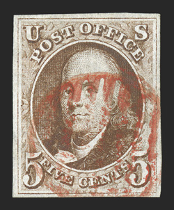 1b, 5c Orange brown, full even margins all around, especially rich color and a well inicised impression, red grid cancel, a very fine example of this scarce shade 1981 and 2008
PF certificates.