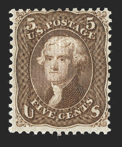 95, 5c Brown, F grill, rich luxuriant color and an excellent impression, well defined grill, o.g., never hinged, trivial tiny spot of disturbance on gum, fine any mint example
of this stamp is scarce, but to find one never hinged is particula